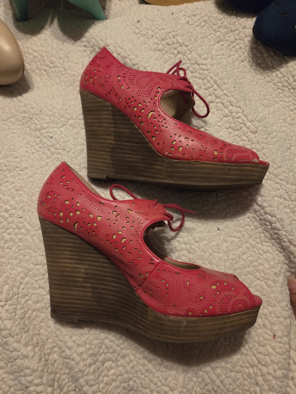 Restricted Red Lace-Up Peep Toe Wedges - Picture 3 of 5